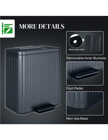 HOMCOM Dual Kitchen Bin, 2 x 20L Double Bin for Recycling and Waste, Fingerprint-proof Pedal Bin with Soft-Close Lid, Removable  - pic 89126 | FastDaddyshop