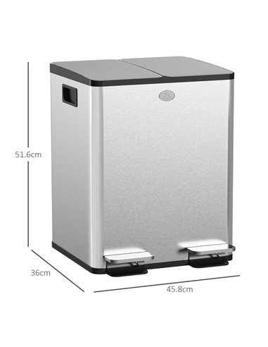 HOMCOM 2 x 20L Pedal Bin, Steel Dual Kitchen Bin with Soft Close Lid, Removable Inner Buckets, Fingerprint-Proof, Silver 851-033