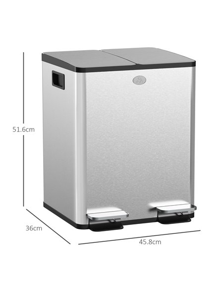 HOMCOM 2 x 20L Pedal Bin, Steel Dual Kitchen Bin with Soft Close Lid, Removable Inner Buckets, Fingerprint-Proof, Silver 851-033 - pic 89131 | FastDaddyshop