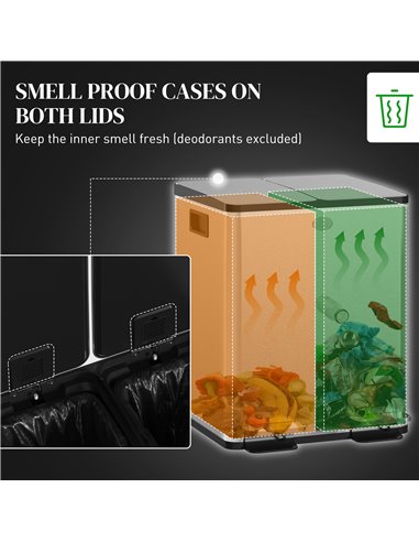 HOMCOM 2 x 20L Pedal Bin, Steel Dual Kitchen Bin with Soft Close Lid, Removable Inner Buckets, Fingerprint-Proof, Silver 851-033