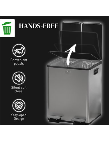 HOMCOM 2 x 20L Pedal Bin, Steel Dual Kitchen Bin with Soft Close Lid, Removable Inner Buckets, Fingerprint-Proof, Silver 851-033