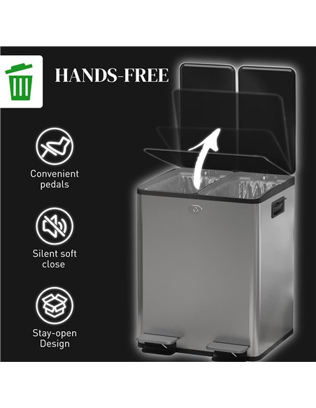 HOMCOM 2 x 20L Pedal Bin, Steel Dual Kitchen Bin with Soft Close Lid, Removable Inner Buckets, Fingerprint-Proof, Silver 851-033 - pic 89134 | FastDaddyshop