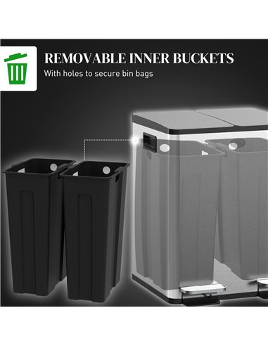 HOMCOM 2 x 20L Pedal Bin, Steel Dual Kitchen Bin with Soft Close Lid, Removable Inner Buckets, Fingerprint-Proof, Silver 851-033