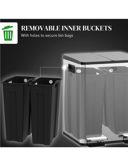 HOMCOM 2 x 20L Pedal Bin, Steel Dual Kitchen Bin with Soft Close Lid, Removable Inner Buckets, Fingerprint-Proof, Silver 851-033 - pic 89135 | FastDaddyshop