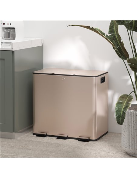 HOMCOM 3 x 15L Pedal Bin, Steel Triple Kitchen Bin with Soft Close Lid, Removable Inner Buckets, Fingerprint-Proof, Gold Tone 85 - pic 89139 | FastDaddyshop