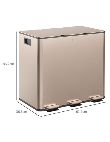 HOMCOM 3 x 15L Pedal Bin, Steel Triple Kitchen Bin with Soft Close Lid, Removable Inner Buckets, Fingerprint-Proof, Gold Tone 85