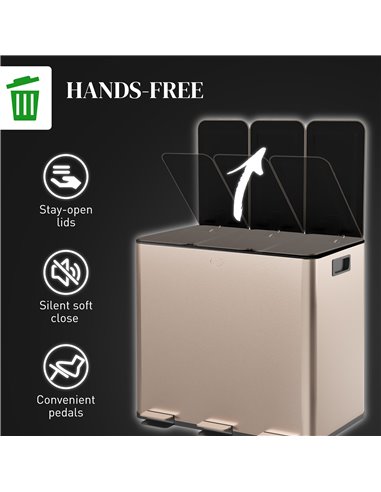 HOMCOM 3 x 15L Pedal Bin, Steel Triple Kitchen Bin with Soft Close Lid, Removable Inner Buckets, Fingerprint-Proof, Gold Tone 85