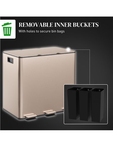 HOMCOM 3 x 15L Pedal Bin, Steel Triple Kitchen Bin with Soft Close Lid, Removable Inner Buckets, Fingerprint-Proof, Gold Tone 85