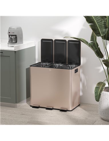 HOMCOM 3 x 15L Pedal Bin, Steel Triple Kitchen Bin with Soft Close Lid, Removable Inner Buckets, Fingerprint-Proof, Gold Tone 85