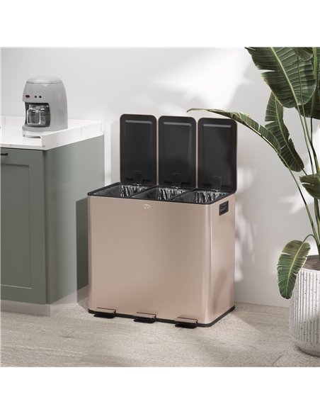 HOMCOM 3 x 15L Pedal Bin, Steel Triple Kitchen Bin with Soft Close Lid, Removable Inner Buckets, Fingerprint-Proof, Gold Tone 85 - pic 89146 | FastDaddyshop