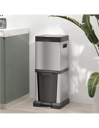 HOMCOM Dual Kitchen Bin, 20+14L Double Bin for Recycling and Waste, Stainless Steel Vertical Pedal Bin w/ Tilt Out Bin, Soft-Clo