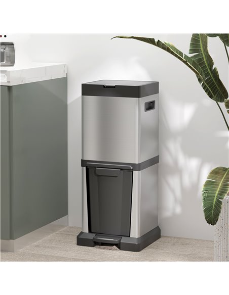HOMCOM Dual Kitchen Bin, 20+14L Double Bin for Recycling and Waste, Stainless Steel Vertical Pedal Bin w/ Tilt Out Bin, Soft-Clo - pic 89148 | FastDaddyshop