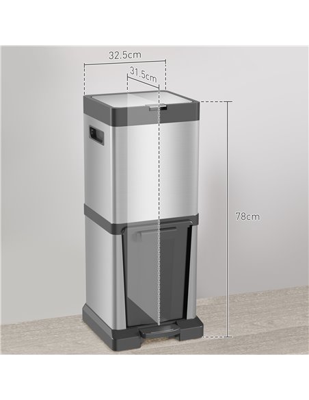HOMCOM Dual Kitchen Bin, 20+14L Double Bin for Recycling and Waste, Stainless Steel Vertical Pedal Bin w/ Tilt Out Bin, Soft-Clo - pic 89149 | FastDaddyshop