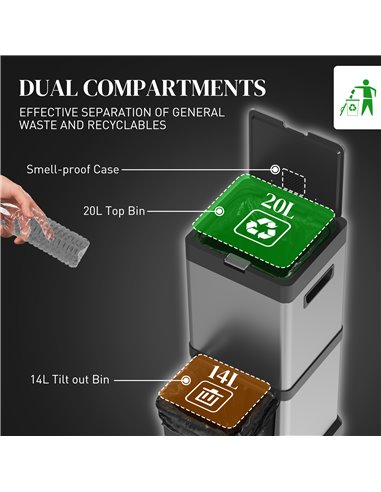 HOMCOM Dual Kitchen Bin, 20+14L Double Bin for Recycling and Waste, Stainless Steel Vertical Pedal Bin w/ Tilt Out Bin, Soft-Clo