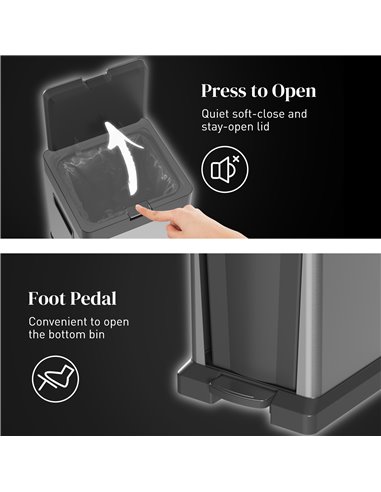 HOMCOM Dual Kitchen Bin, 20+14L Double Bin for Recycling and Waste, Stainless Steel Vertical Pedal Bin w/ Tilt Out Bin, Soft-Clo