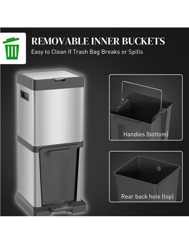HOMCOM Dual Kitchen Bin, 20+14L Double Bin for Recycling and Waste, Stainless Steel Vertical Pedal Bin w/ Tilt Out Bin, Soft-Clo