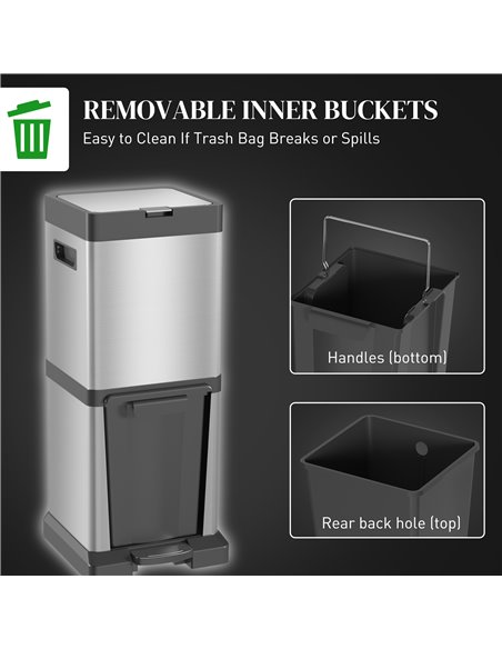 HOMCOM Dual Kitchen Bin, 20+14L Double Bin for Recycling and Waste, Stainless Steel Vertical Pedal Bin w/ Tilt Out Bin, Soft-Clo - pic 89153 | FastDaddyshop