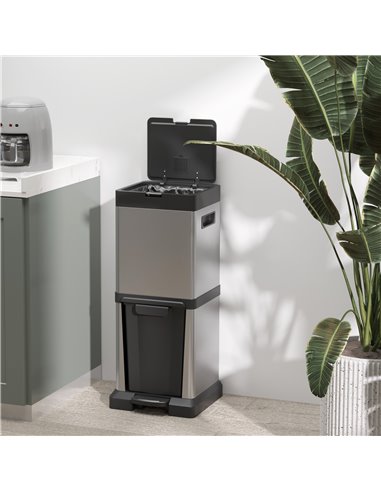 HOMCOM Dual Kitchen Bin, 20+14L Double Bin for Recycling and Waste, Stainless Steel Vertical Pedal Bin w/ Tilt Out Bin, Soft-Clo