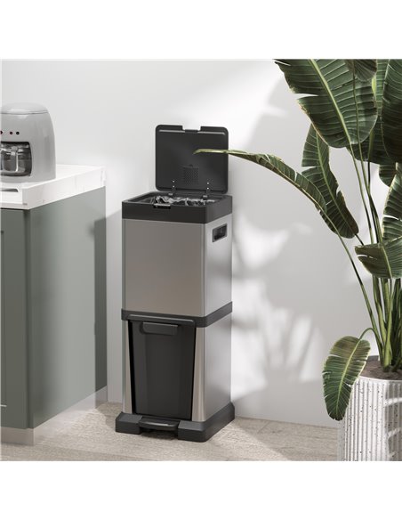 HOMCOM Dual Kitchen Bin, 20+14L Double Bin for Recycling and Waste, Stainless Steel Vertical Pedal Bin w/ Tilt Out Bin, Soft-Clo - pic 89154 | FastDaddyshop