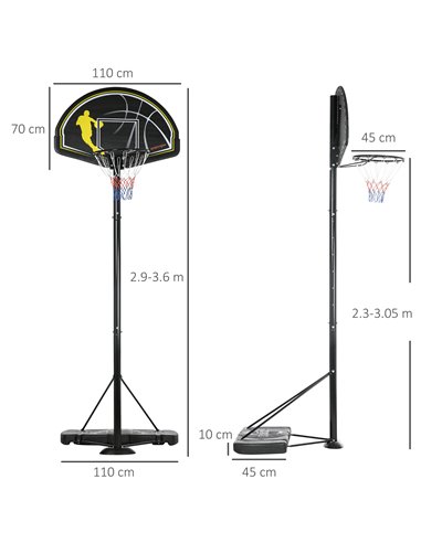 SPORTNOW 2.3-3m Basketball Hoop and Stand with High Strength PE Backboard and Weighted Base, Portable on Wheels A61-036V00BK
