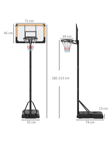 SPORTNOW Height Adjustable Basketball Stand Net Set System, Free standing Basketball Hoop and Stand with Wheels, 182-213cm, Blac