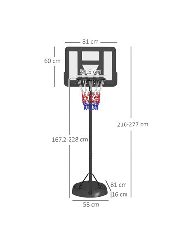 SPORTNOW Height Adjustable Basketball System, Freestanding Basketball Hoop and Stand w/ Wheels, 167-228cm A61-056V00BK