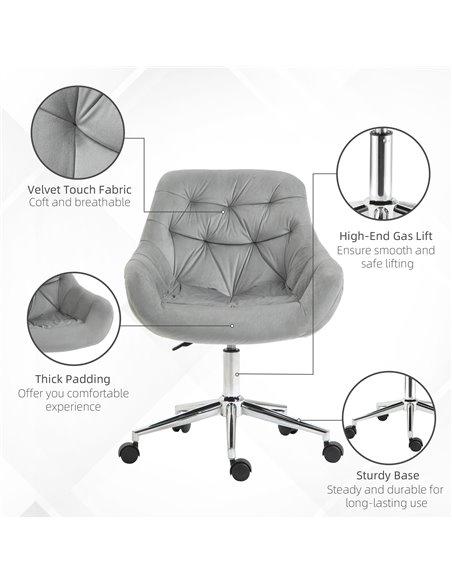 Vinsetto Home Office Chair Velvet Ergonomic Computer Chair Comfy Desk Chair with Adjustable Height, Arm and Back Support, Grey - pic 8962 | FastDaddyshop