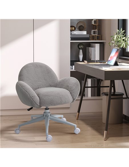 HOMCOM Fluffy Leisure Chair Office Chair with Backrest and Armrest for Home Bedroom Living Room with Wheels Grey - pic 8966 | FastDaddyshop