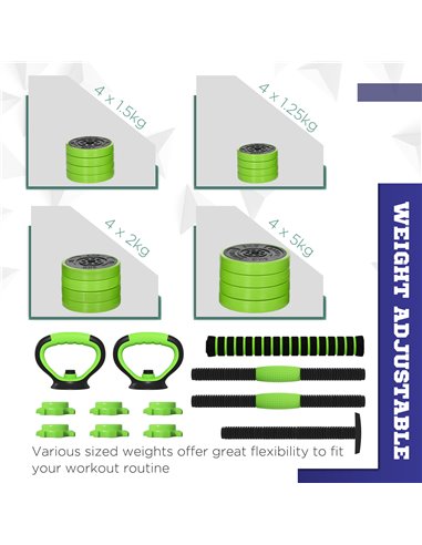SPORTNOW 40kg Four-In-One Adjustable Weight Dumbbells Set, Barbell, Kettlebell, Push Up Stand - Green A91-287V03GN