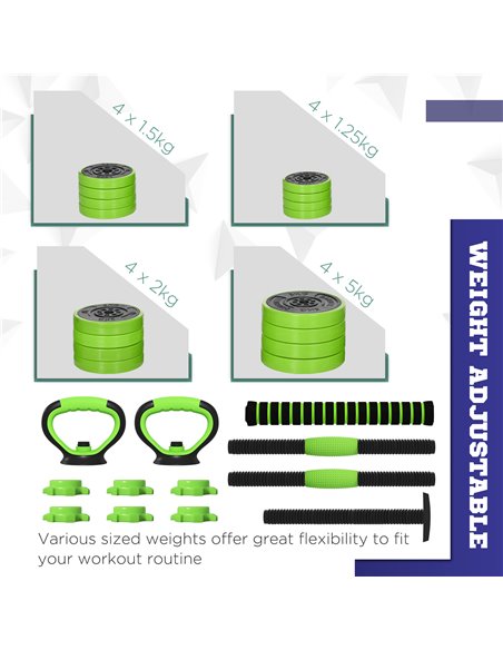 SPORTNOW 40kg Four-In-One Adjustable Weight Dumbbells Set, Barbell, Kettlebell, Push Up Stand - Green A91-287V03GN - pic 89664 | FastDaddyshop