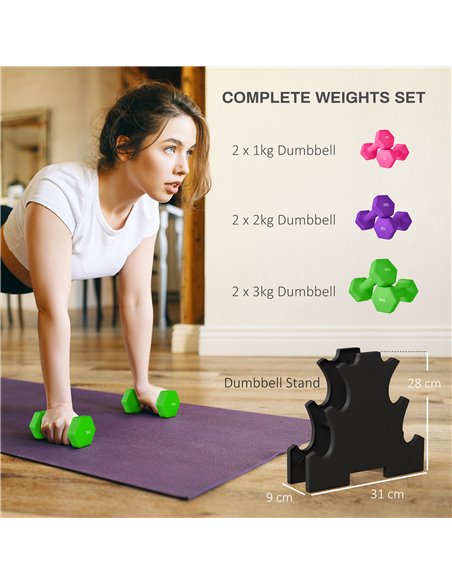 SPORTNOW 2 x 1kg, 2 x 2kg, 2 x 3kg Dumbbells Set with Dumbbell Rack, Hand Weights for Home Gym Training A91-317V00MX - pic 89771 | FastDaddyshop