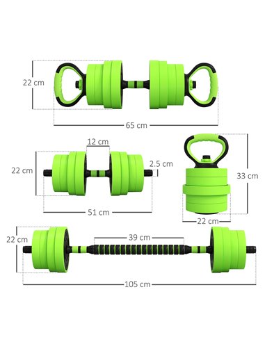 SPORTNOW 30kg Four-In-One Adjustable Weight Dumbbells Set, Barbell, Kettlebell, Push Up Stand - Green A91-287V02GN