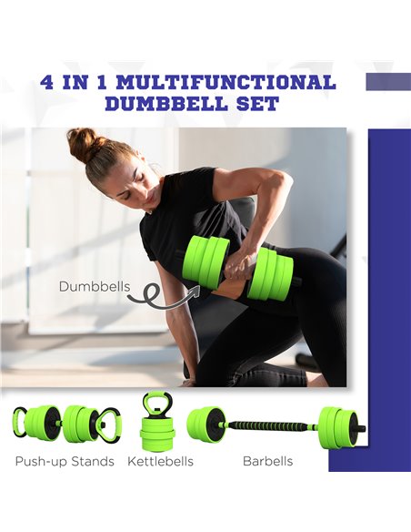 SPORTNOW 30kg Four-In-One Adjustable Weight Dumbbells Set, Barbell, Kettlebell, Push Up Stand - Green A91-287V02GN - pic 89987 | FastDaddyshop