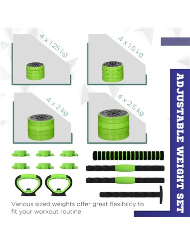 SPORTNOW 30kg Four-In-One Adjustable Weight Dumbbells Set, Barbell, Kettlebell, Push Up Stand - Green A91-287V02GN