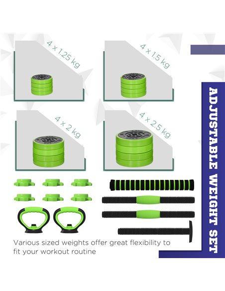 SPORTNOW 30kg Four-In-One Adjustable Weight Dumbbells Set, Barbell, Kettlebell, Push Up Stand - Green A91-287V02GN - pic 89988 | FastDaddyshop