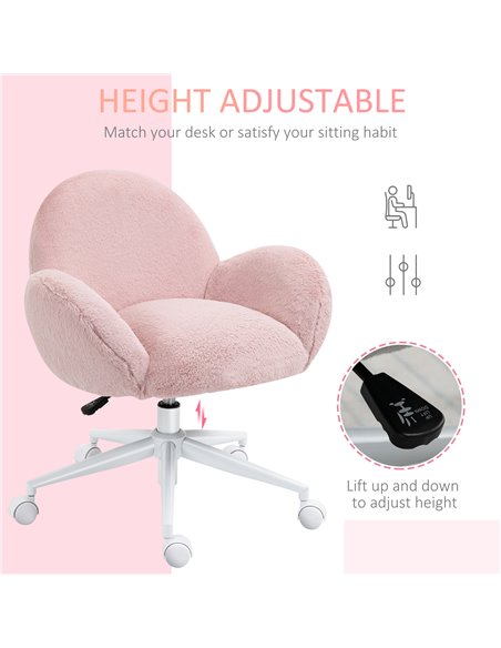HOMCOM Fluffy Leisure Chair Office Chair with Backrest and Armrest for Home Bedroom Living Room with Wheels Pink - pic 9000 | FastDaddyshop