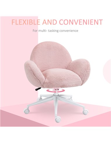 HOMCOM Fluffy Leisure Chair Office Chair with Backrest and Armrest for Home Bedroom Living Room with Wheels Pink