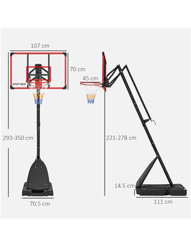 SPORTNOW 2.4-2.9m Adjustable Basketball Hoop and Stand with Weighted Base, Portable on Wheels, Red A61-045V02RD