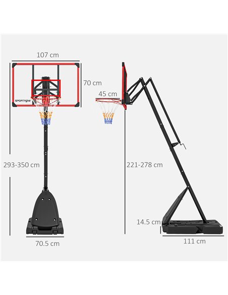 SPORTNOW 2.4-2.9m Adjustable Basketball Hoop and Stand with Weighted Base, Portable on Wheels, Red A61-045V02RD - pic 90022 | FastDaddyshop