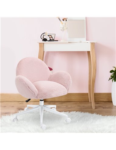 HOMCOM Fluffy Leisure Chair Office Chair with Backrest and Armrest for Home Bedroom Living Room with Wheels Pink