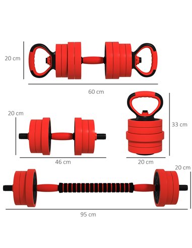 SPORTNOW 20kg Four-In-One Adjustable Weight Dumbbells Set, Barbell, Kettlebell, Push Up Stand - Red A91-287V00RD