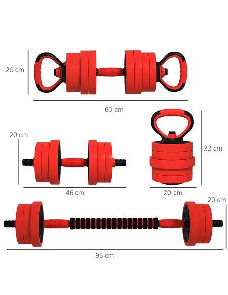 SPORTNOW 20kg Four-In-One Adjustable Weight Dumbbells Set, Barbell, Kettlebell, Push Up Stand - Red A91-287V00RD - pic 90031 | FastDaddyshop