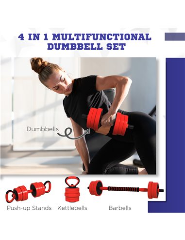 SPORTNOW 20kg Four-In-One Adjustable Weight Dumbbells Set, Barbell, Kettlebell, Push Up Stand - Red A91-287V00RD