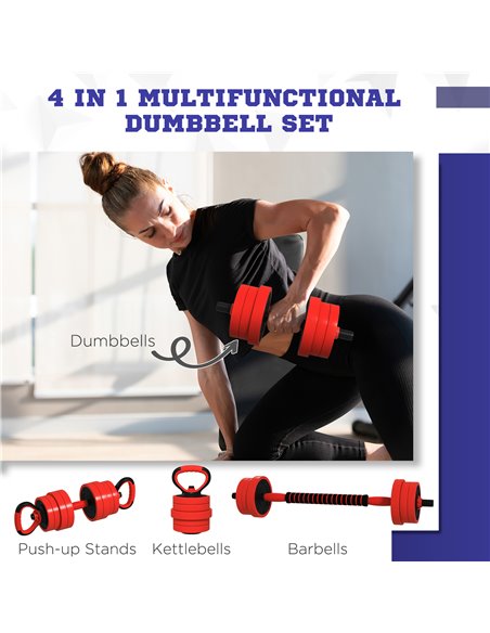 SPORTNOW 20kg Four-In-One Adjustable Weight Dumbbells Set, Barbell, Kettlebell, Push Up Stand - Red A91-287V00RD - pic 90032 | FastDaddyshop