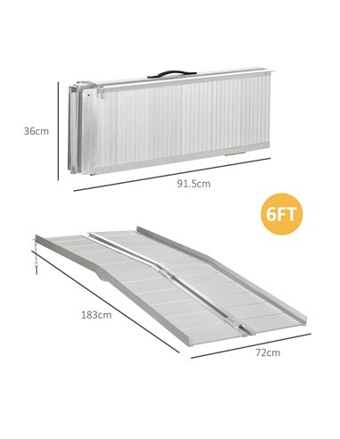 HOMCOM Folding Wheelchair Ramp, Textured Aluminum, 183x72 cm, Portable Threshold Ramp for Scooter & Steps, Silver. 713-003V00SR