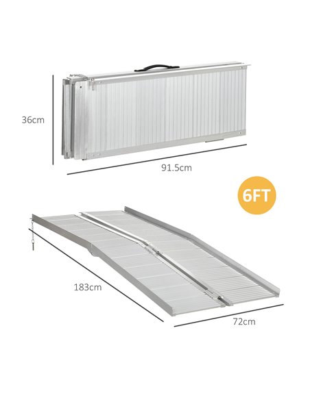 HOMCOM Folding Wheelchair Ramp, Textured Aluminum, 183x72 cm, Portable Threshold Ramp for Scooter & Steps, Silver. 713-003V00SR - pic 90139 | FastDaddyshop