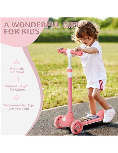 AIYAPLAY Kids 3 Wheel Scooter for 2-6 Years Old w/ Adjustable Height, LED Light, TPE Handlebar, Pink 371-050V00PK