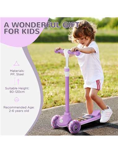 AIYAPLAY Kids 3 Wheel Scooter for 2-6 Years Old w/ Adjustable Height, LED Light, TPE Handlebar, Purple 371-050V00VT