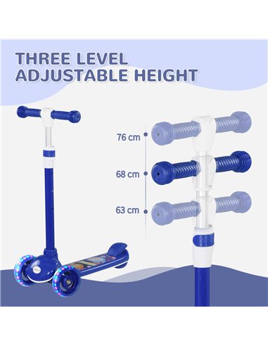 AIYAPLAY Kids 3 Wheel Scooter for 2-6 Years Old w/ Adjustable Height, LED Light, TPE Handlebar, Blue 371-050V00BU