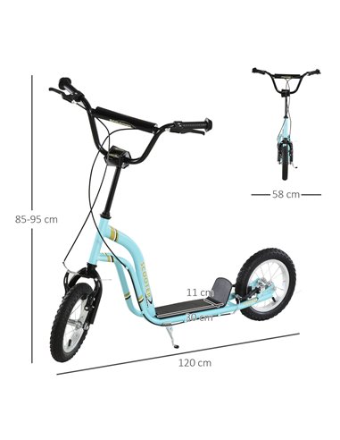 HOMCOM Teen Kids Stunt Scooter w/ Adjustable Handlebar, 12 Inch Rubber Tyres, Dual Brakes, Blue 371-017BU